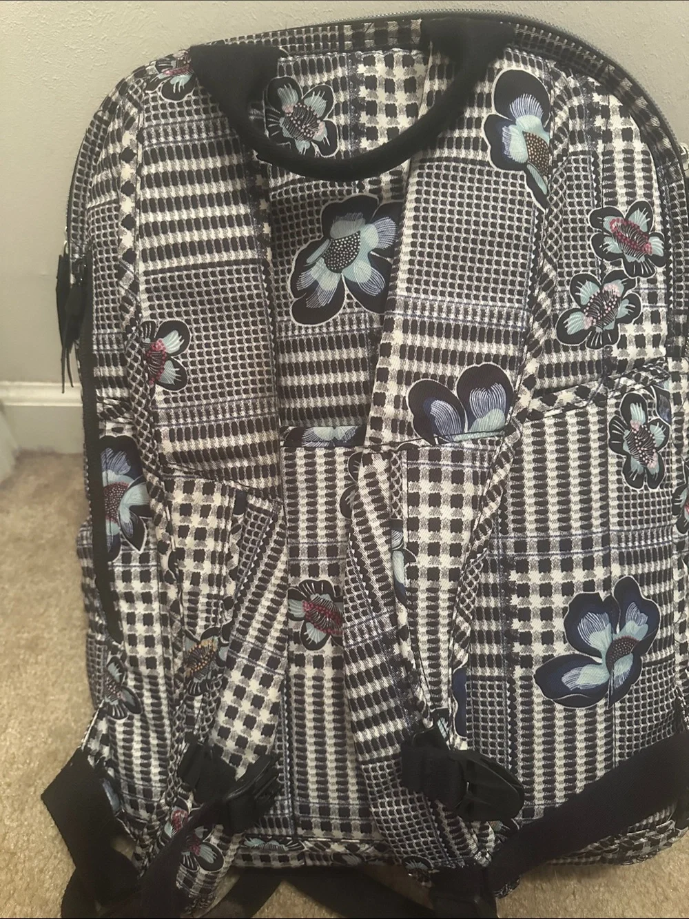 Vera Bradley Black White Plaid Backpack with Blue Floral Accents